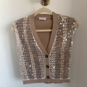 Brunello Cucinelli Tan and Cream Sequin Cardigan